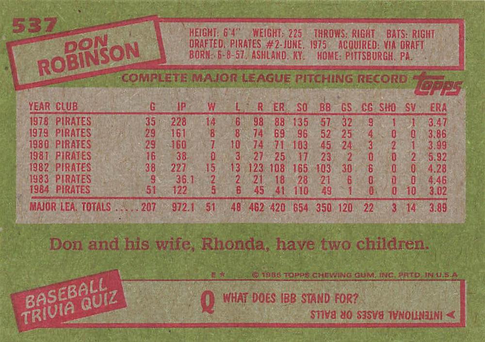 Don Robinson  baseball card collectible - Main Image 2