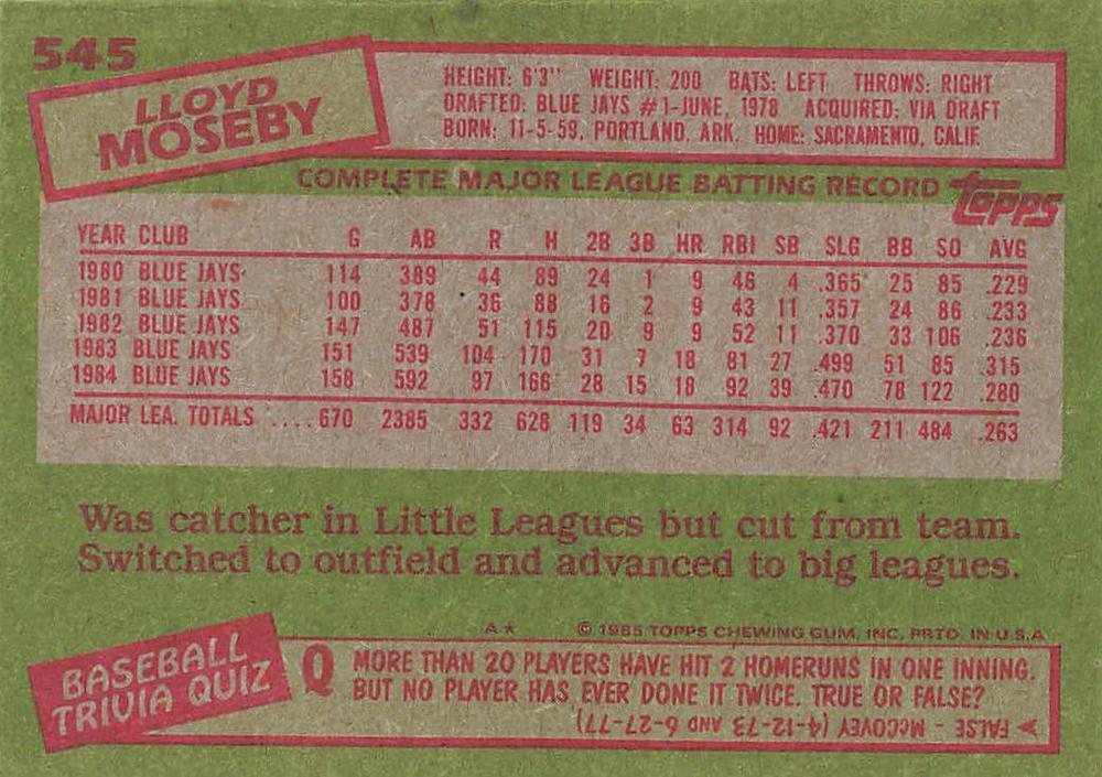 Lloyd Moseby  baseball card collectible - Main Image 2