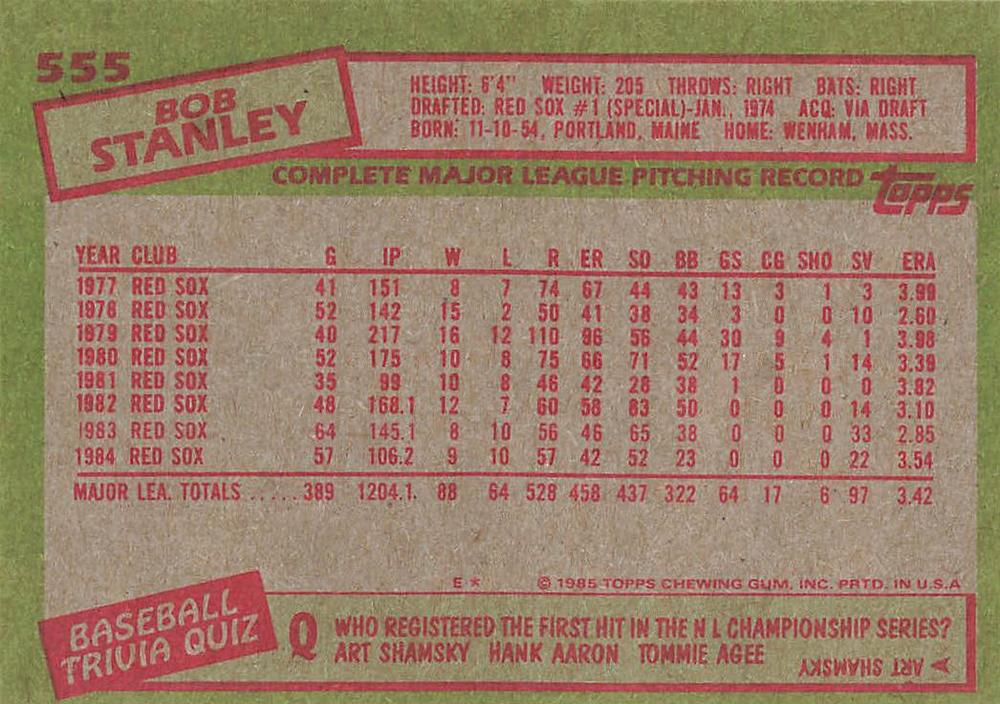 Bob Stanley  baseball card collectible - Main Image 2
