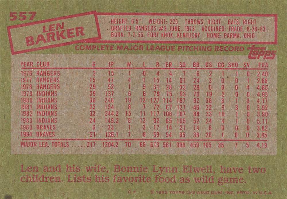 Len Barker  baseball card collectible - Main Image 2