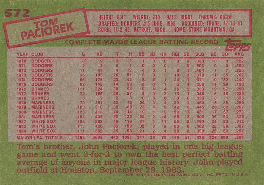 Tom Paciorek  baseball card collectible - Main Image 2