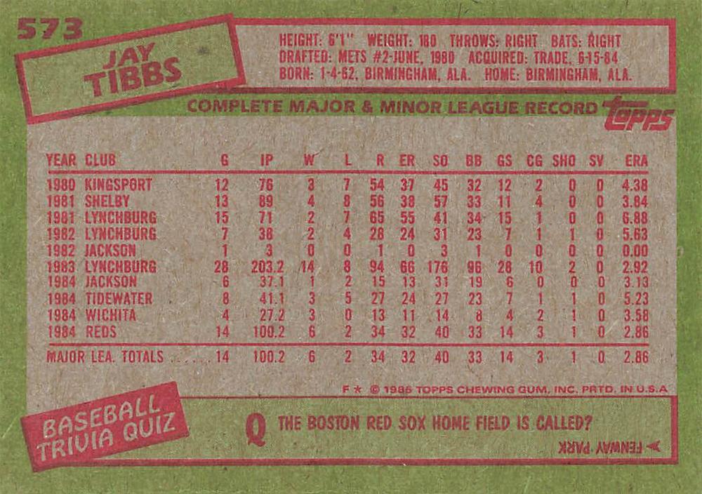 Jay Tibbs  baseball card collectible - Main Image 2