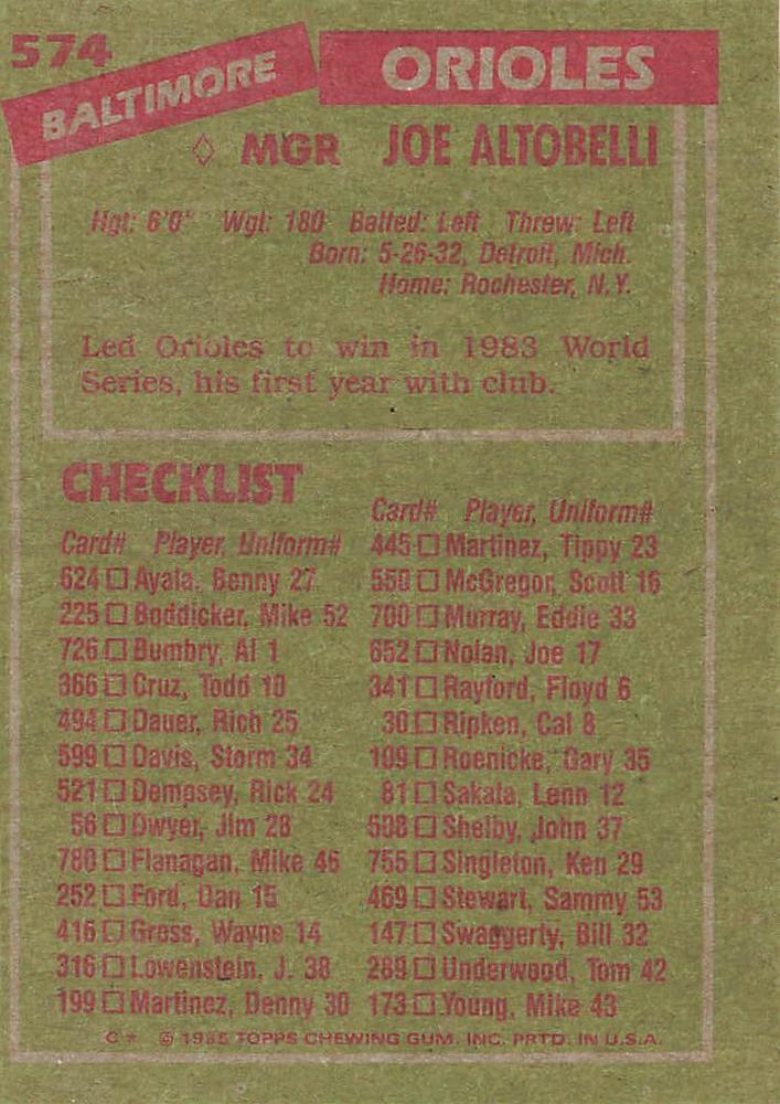 Joe Altobelli  baseball card collectible - Main Image 2