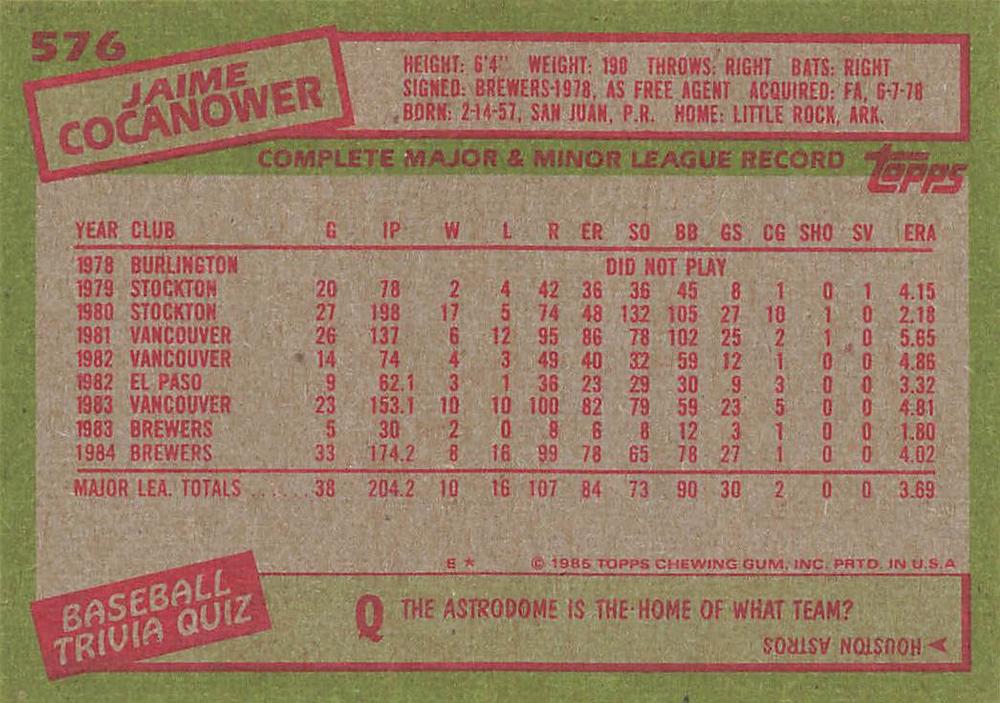 Jaime Cocanower  baseball card collectible - Main Image 2