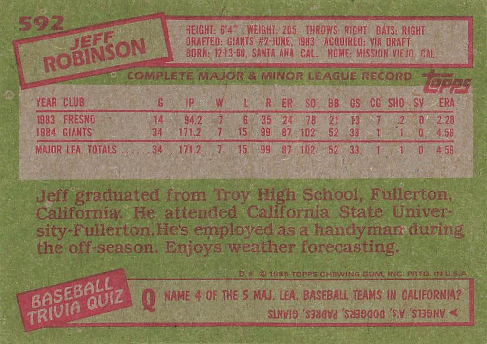 Jeff Robinson  baseball card collectible - Main Image 2