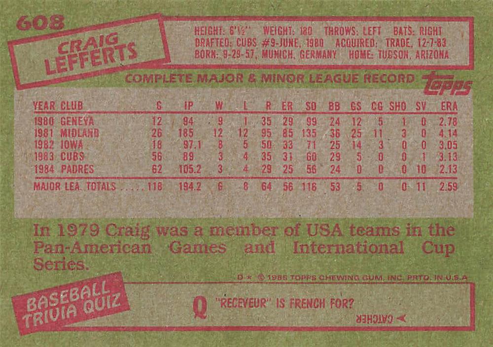 Craig Lefferts  baseball card collectible - Main Image 2