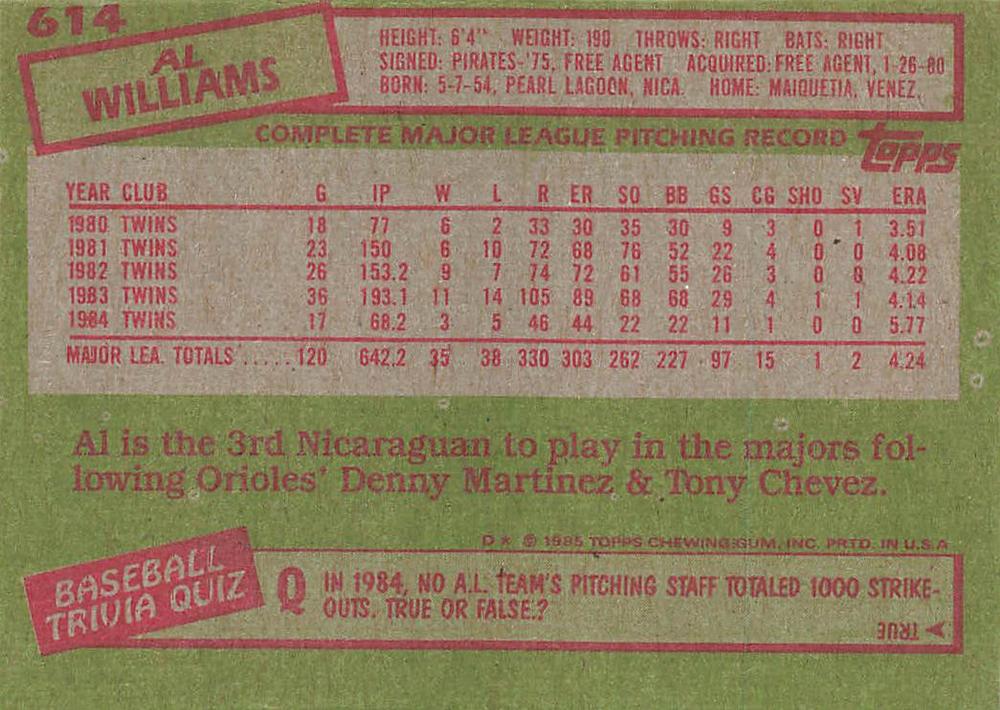 Al Williams  baseball card collectible - Main Image 2