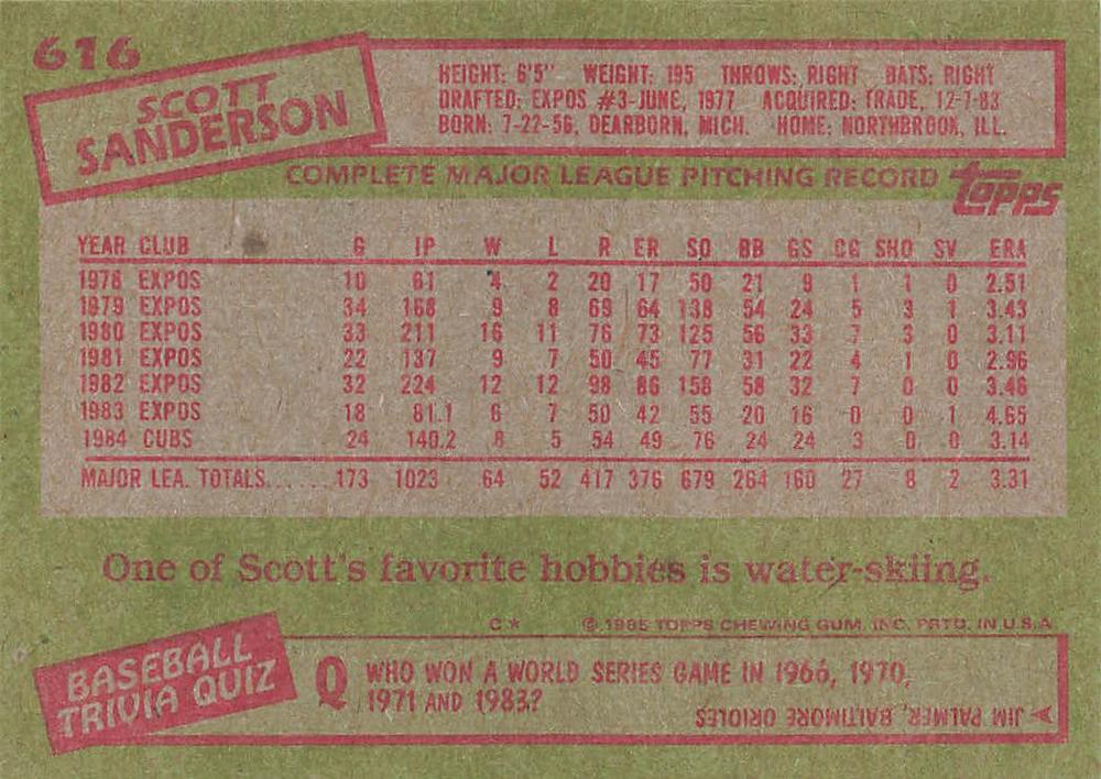 Scott Sanderson  baseball card collectible - Main Image 2