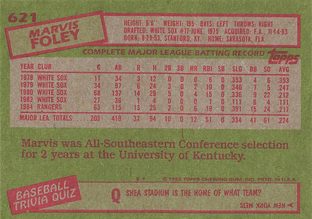 Marvis Foley  baseball card collectible - Main Image 2