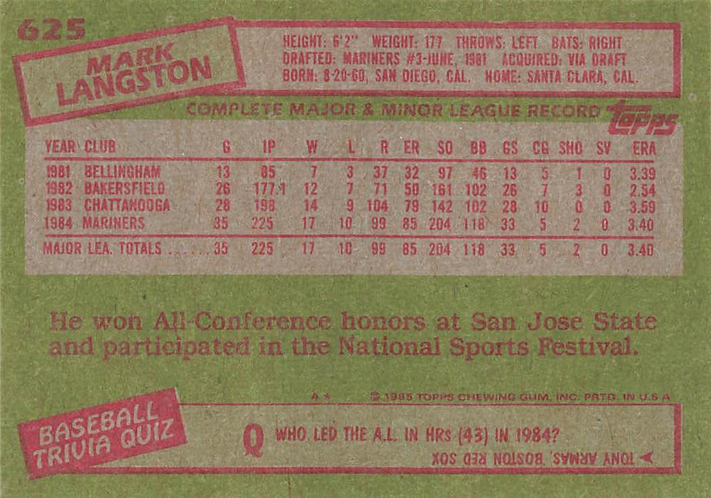 Mark Langston  baseball card collectible - Main Image 2