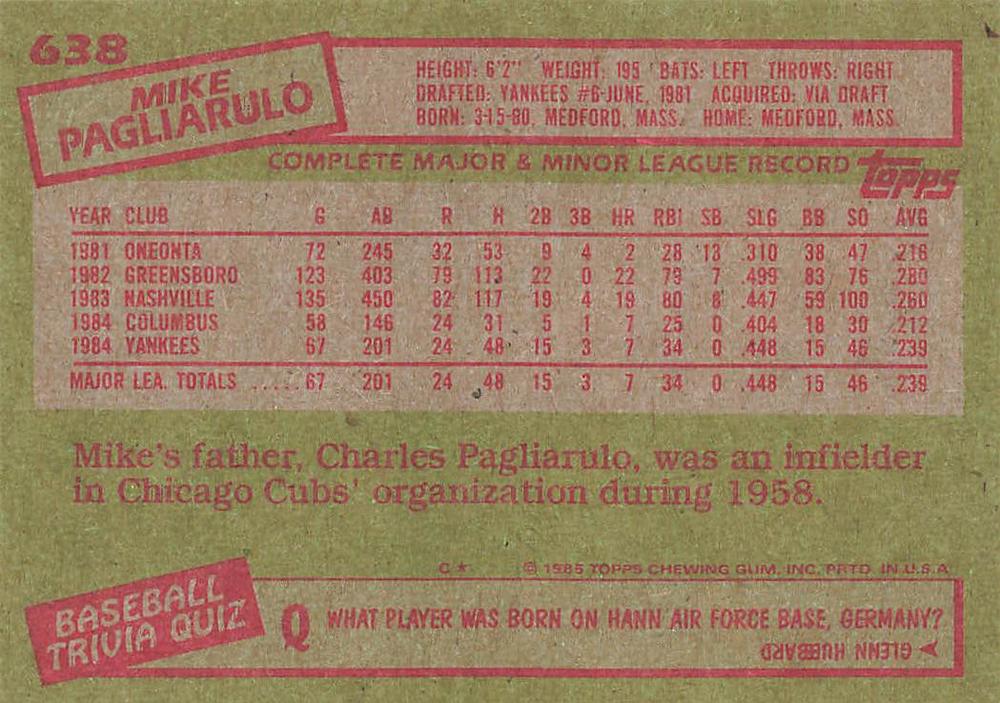 Mike Pagliarulo  baseball card collectible - Main Image 2