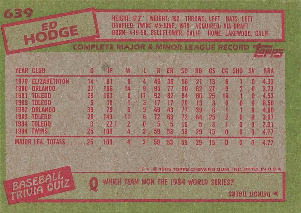 Ed Hodge  baseball card collectible - Main Image 2