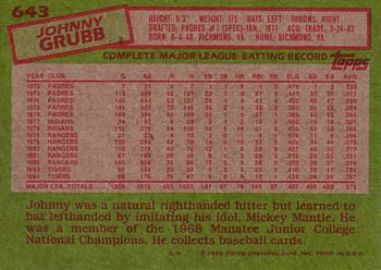 Johnny Grubb  baseball card collectible - Main Image 2