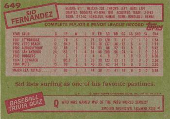 Sid Fernandez  baseball card collectible - Main Image 2