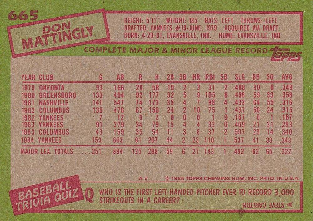 Don Mattingly  baseball card collectible - Main Image 2