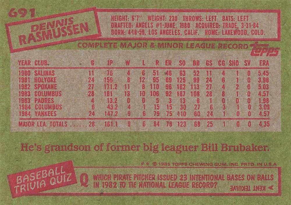 Dennis Rasmussen  baseball card collectible - Main Image 2