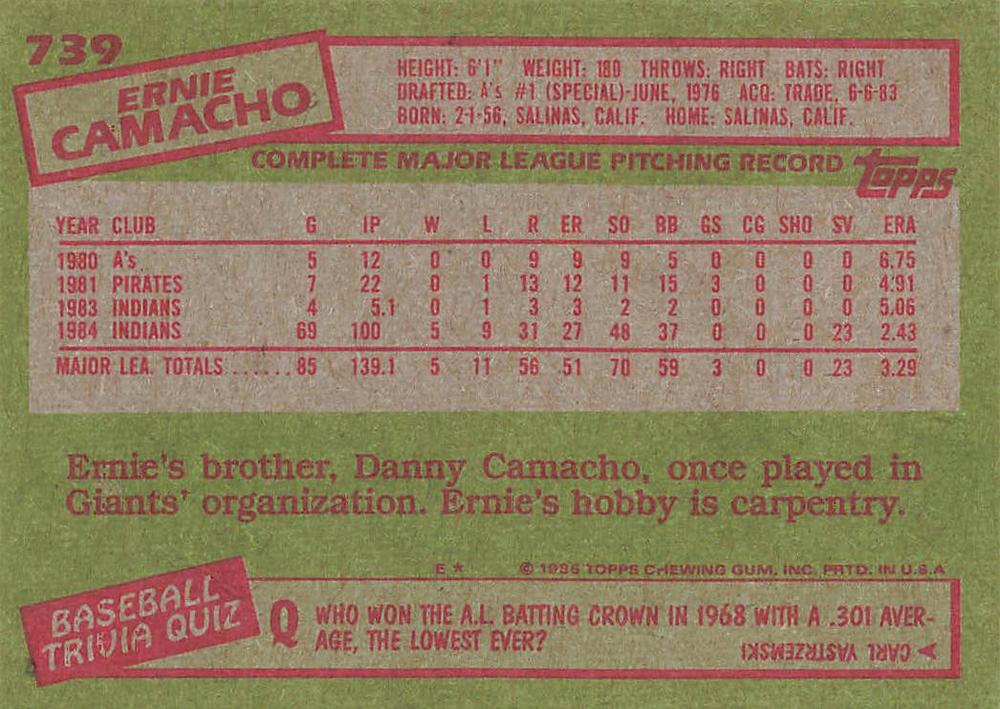 Ernie Camacho  baseball card collectible - Main Image 2