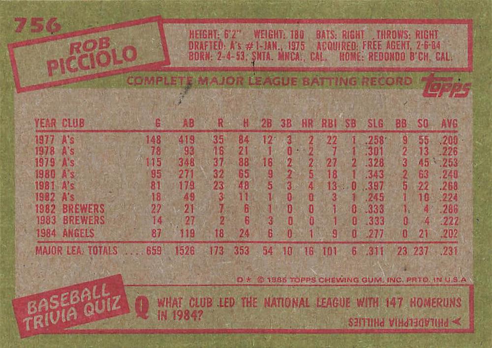 Rob Picciolo  baseball card collectible - Main Image 2