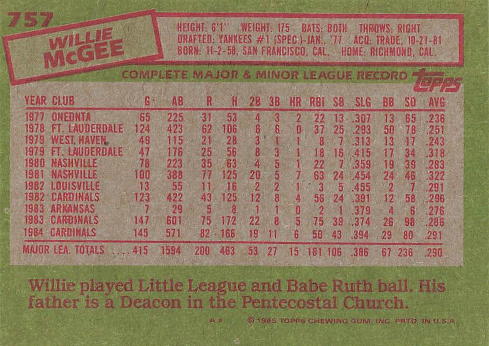 Willie McGee  baseball card collectible - Main Image 2