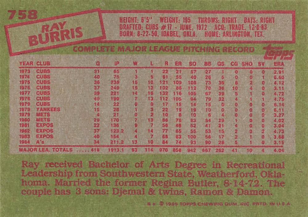 Ray Burris  baseball card collectible - Main Image 2