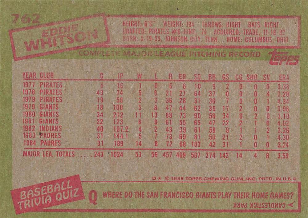 Eddie Whitson  baseball card collectible - Main Image 2
