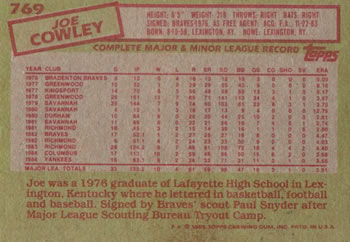 Joe Cowley  baseball card collectible - Main Image 2