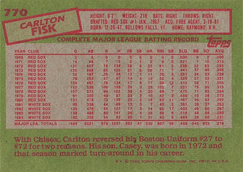 Carlton Fisk  baseball card collectible - Main Image 2