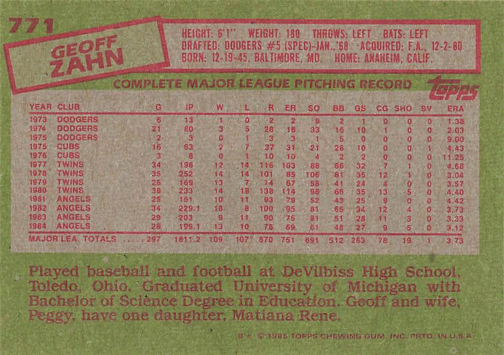 Geoff Zahn  baseball card collectible - Main Image 2