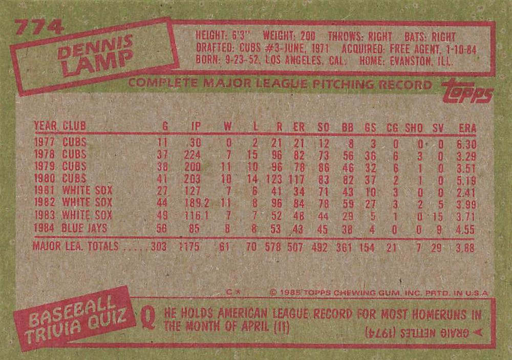 Dennis Lamp  baseball card collectible - Main Image 2