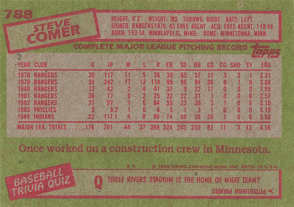 Steve Comer  baseball card collectible - Main Image 2