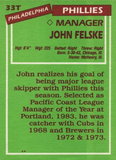 John Felske  baseball card collectible - Main Image 2