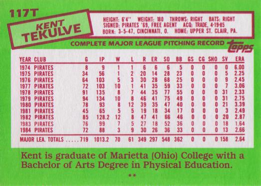 Kent Tekulve  baseball card collectible - Main Image 2