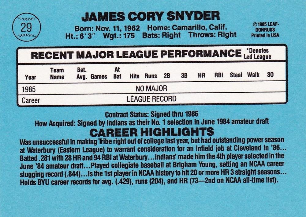 Cory Snyder  baseball card collectible - Main Image 2