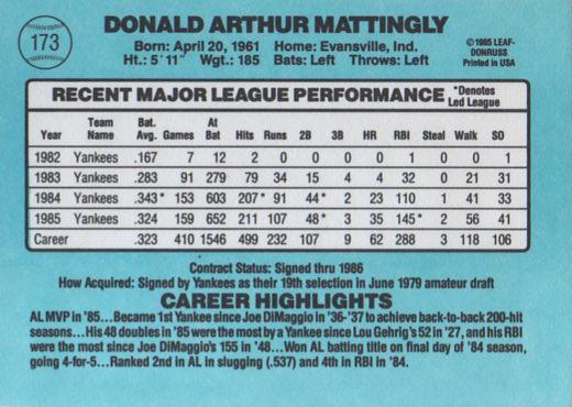 Don Mattingly  baseball card collectible - Main Image 2