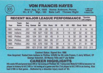 Von Hayes  baseball card collectible - Main Image 2