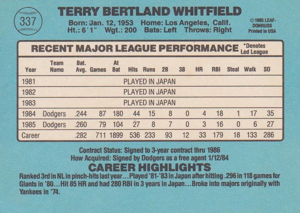 Terry Whitfield  baseball card collectible - Main Image 2