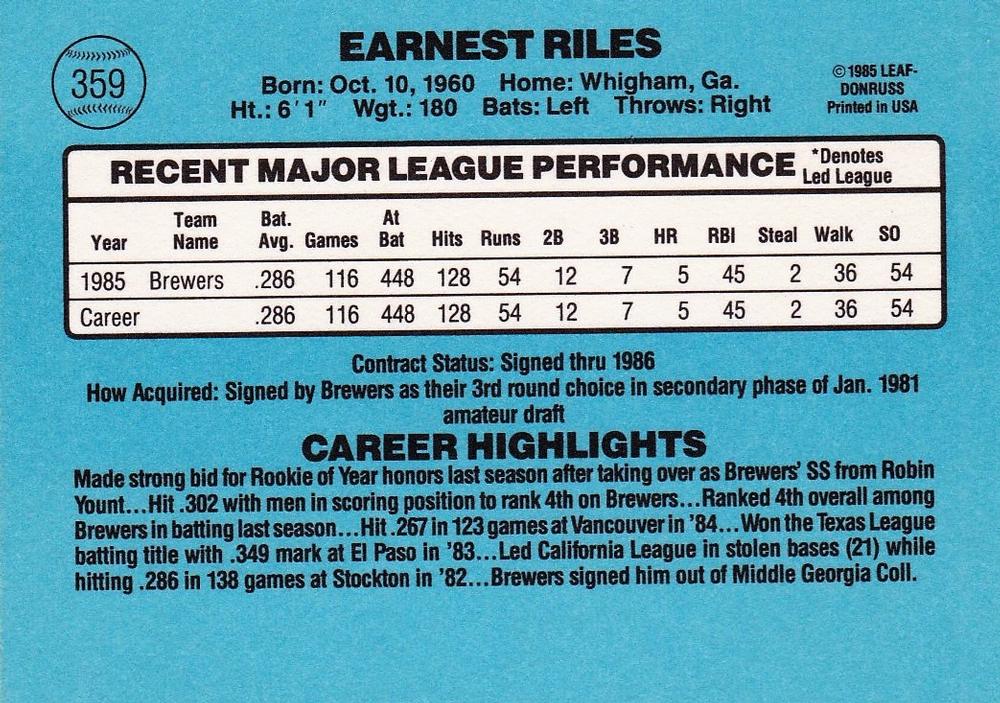 Ernest Riles  baseball card collectible - Main Image 2