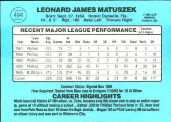 Len Matuszek  baseball card collectible - Main Image 2