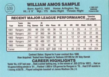 Billy Sample  baseball card collectible - Main Image 2