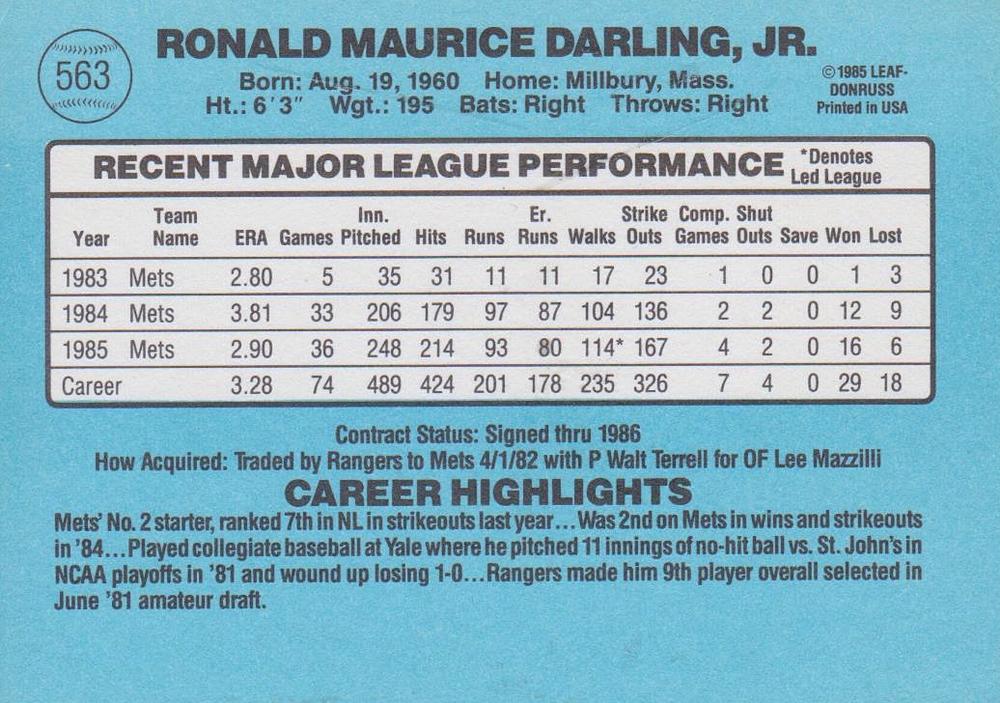 Ron Darling  baseball card collectible - Main Image 2