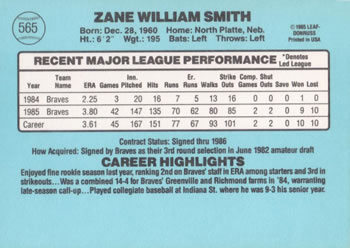 Zane Smith  baseball card collectible - Main Image 2