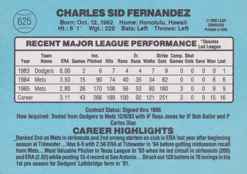 Sid Fernandez  baseball card collectible - Main Image 2