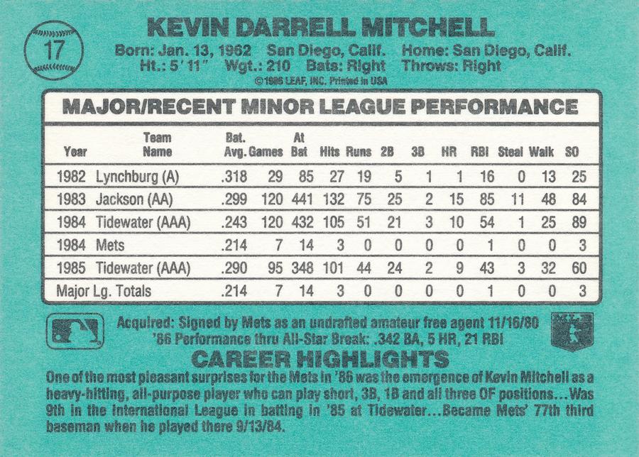 Kevin Mitchell  baseball card collectible - Main Image 2