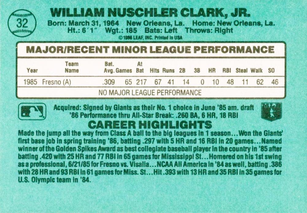 Will Clark  baseball card collectible - Main Image 2