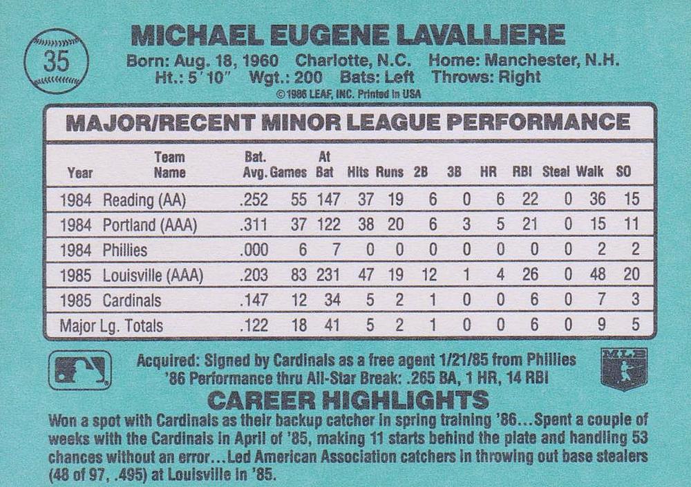 Mike LaValliere  baseball card collectible - Main Image 2
