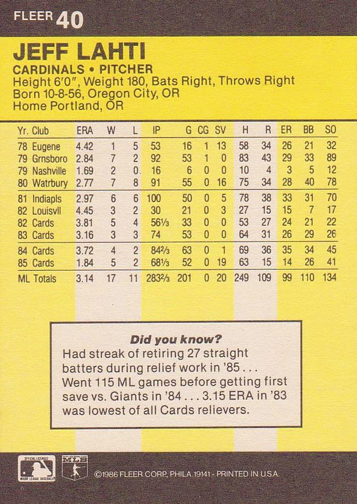 Jeff Lahti  baseball card collectible - Main Image 2