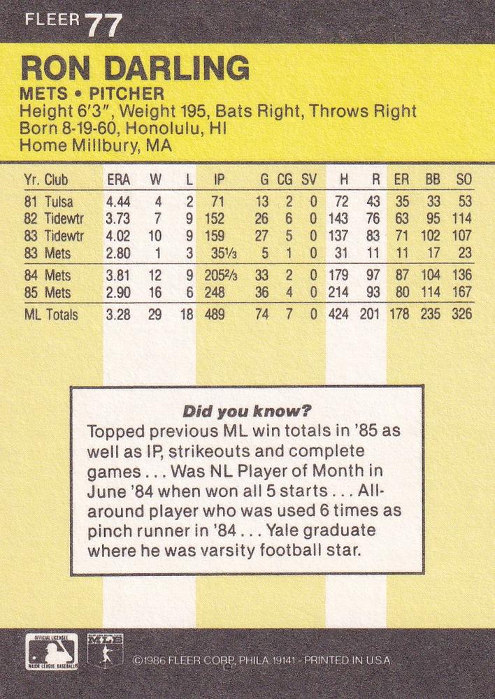 Ron Darling  baseball card collectible - Main Image 2