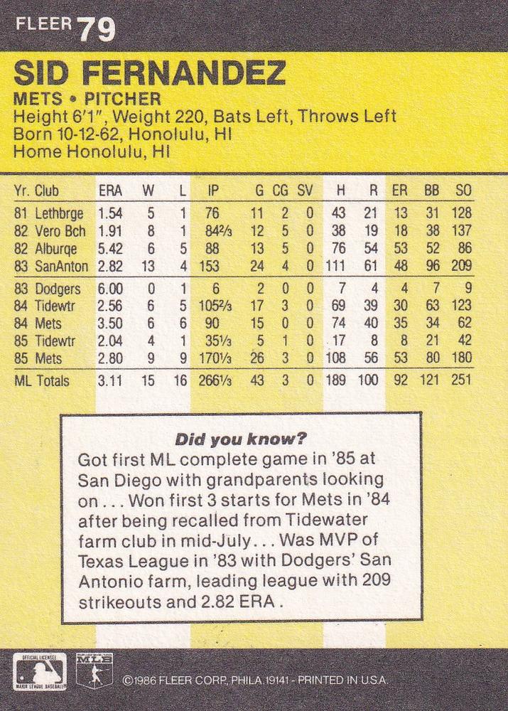 Sid Fernandez  baseball card collectible - Main Image 2