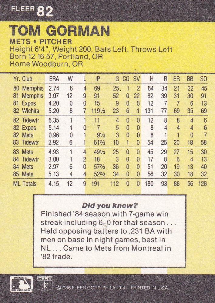 Tom Gorman  baseball card collectible - Main Image 2