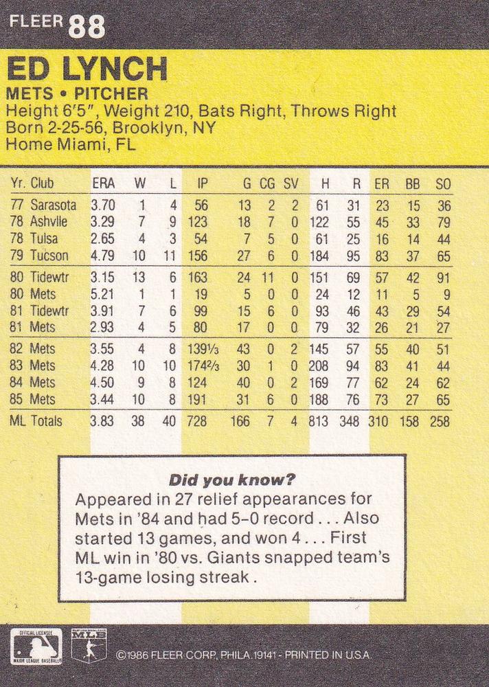 Ed Lynch  baseball card collectible - Main Image 2